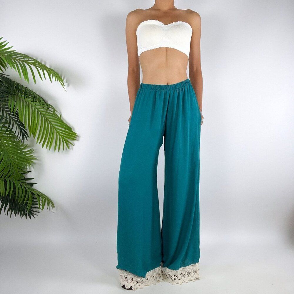 Vintage Y2K Teal Bohemian High Waisted Fairycore Hippie Wide Leg Flare Pants / M